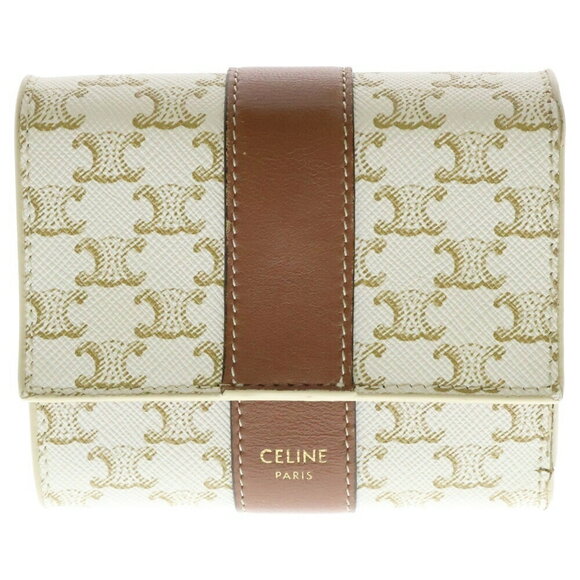 Celine Triomphe Leather Trifold Compact Wallet White Brown - Picture 1 of 6